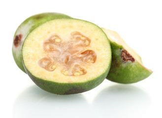 slsed feijoa fruit, isolated on white