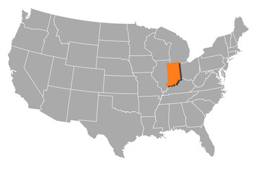Obraz na płótnie Canvas Mapa Stanów Zjednoczonych, Indiana podświetlone