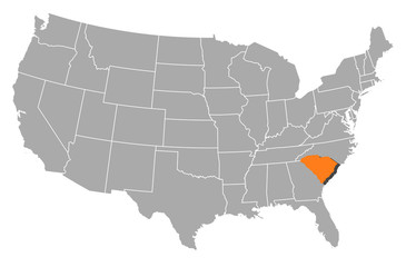 Obraz na płótnie Canvas Map of the United States, South Carolina highlighted
