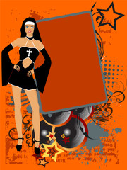 Vector illustration of a sexy nun on abstract red party banner