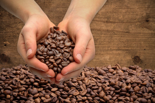Hands with coffee beans
