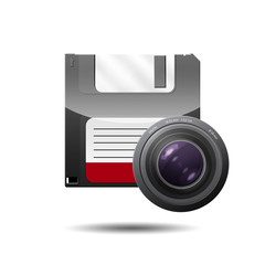 Icono disquete 3D con simbolo lente camara fotografica