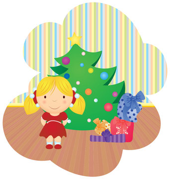 vector cartoon girl and christmas tree with gifts