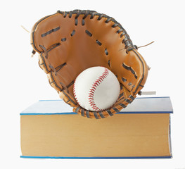 Baseball, glove and book