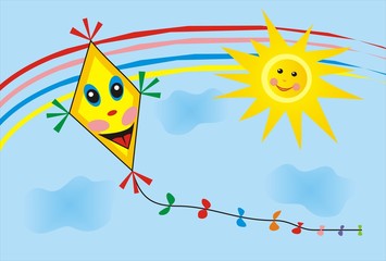 kite, rainbow and sun on sky, vector illustration