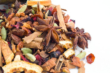 herbal tea with leaves, fruits and herb