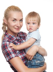 Beautiful blond woman with her child.