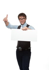 Young fashionable man with a blank sign.