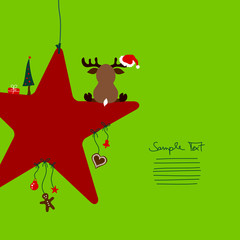 Reindeer Santa´s Hat Sitting On Red Star & Symbols Green