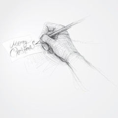 Hand writes “Merry Christmas” / realistic sketch