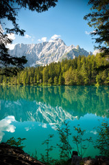 Italia - Udine - Lago di Fusine e monte Mangart with woods frame