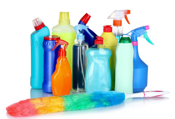 detergent bottles and brush isolated on white