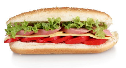 Sandwich with sausage, cheese and tomatoes isolated on white