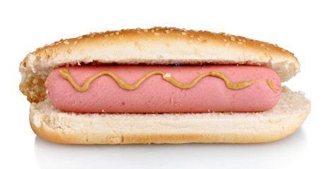 Delicious hot dog with mustard isolated on white
