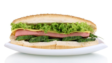 Delicious sandwich on plate isolated on white