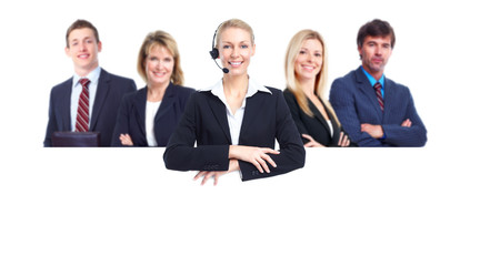 Group of business people with banner.