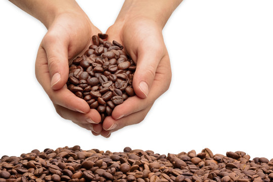 Hands with coffee beans, isolated
