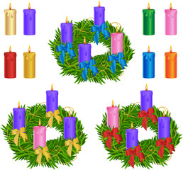 Advent wreath design and candles isolated on white