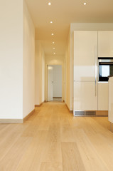 new apartment, room with kitchen, long corridor