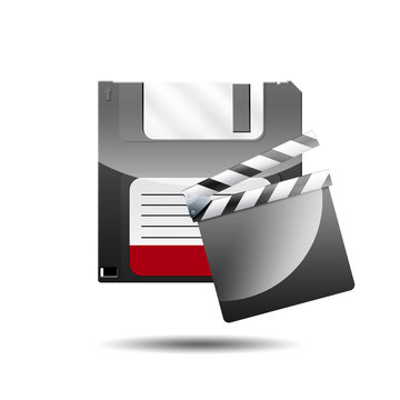 Icono disquete 3D con simbolo claqueta