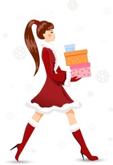 Girl with Christmas gifts. Vector illustration.