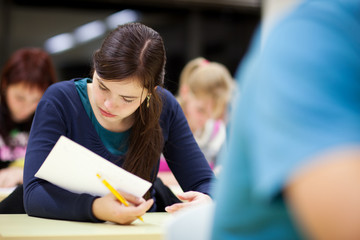 pretty female college student sitting in a classroom