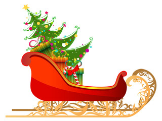 Beautiful, detailed illustration of Santa's sleigh with gifts an