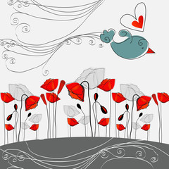 Fototapeta premium Beautiful, hand drawn style poppies and bird in love