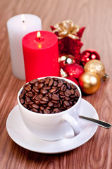 Christmas cup of coffee beans