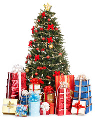 Christmas tree with ball and group gift box.