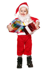 Child in santa costume holding gift box.