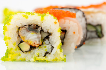Close up photo of the sushi with caviar on plate