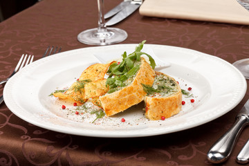 fish pie with sauce and potato chips
