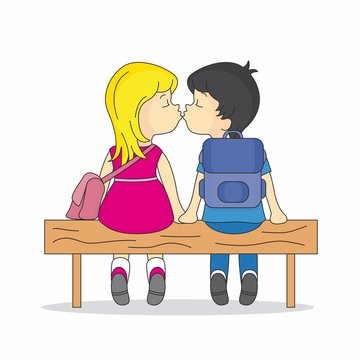 kissing kids sitting bench clip art preview