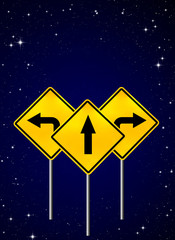 Signs straight, turn left, turn right on night sky