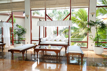 Lounge area at the lobby of luxury hotel, Bentota, Sri Lanka