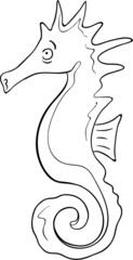 Black and white cartoon character of seahorse.