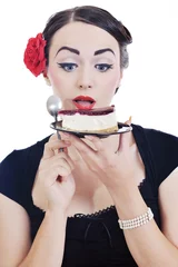 Fotobehang beautiful young woman eat sweet cake © .shock