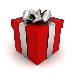 Red gift box with silver ribbon bow