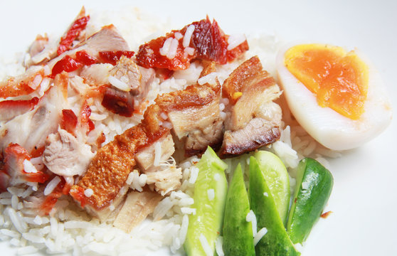 rice with crispy and bbq pork
