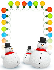 Frame of Holiday lights and  snowmans on white background