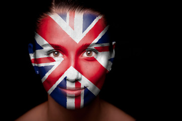 Portrait of a woman with the flag of the UK