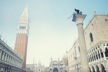 St Mark`s Square in Venice on a foggy day.