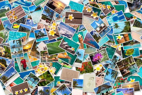 Collage photos vacances plage, arrière-plan d'images d'été, photographie papier souvenirs et nostalgie