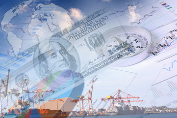 Obraz premium Financial charts with lighthouse on the background