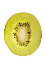 sliced kiwi fruit showing seeds isolate on white screen.