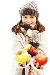 Beautiful girl with apple. Winter style.