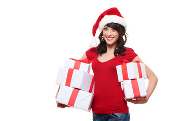 happy santa girl holding many boxes with presents