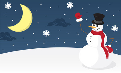 Snowman on a hill. Nighttime snowy scene.
