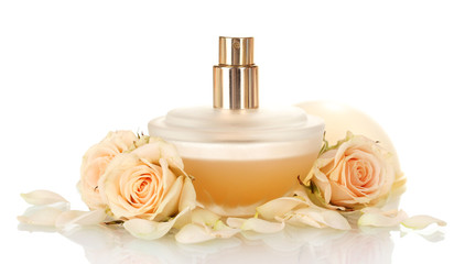 Women's perfume in beautiful bottle on white background